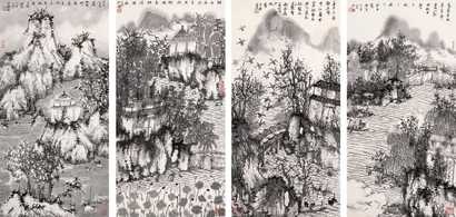 何加林 2005年作 山水 四屏